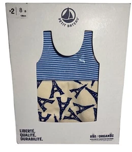 Petit Bateau Organic Cotton Tank Tops Boy Size 8 Yrs Blue Striped & Eiffel Tower - Picture 1 of 7
