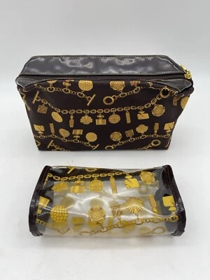 Bolsas de cosméticos de maquillaje Estee Lauder marrón satinado dorado estampado de cadena y bolsa pequeña transparente Foto 1 de 4