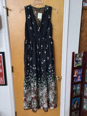 Maxi Vestido Floral Negro Gasa ASOS Miss Selfridge, Talla 6, Borde Semilla Cuentas, NUEVO Foto 1 de 4