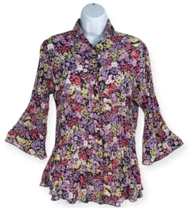 Accordion Pleated Stretch Boho Blouse Women's Medium Bell Sleeve Ruffle Hem - Picture 1 of 13