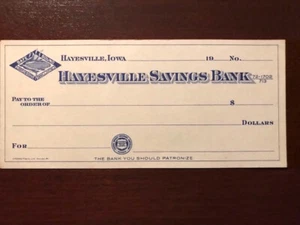Vintage blank Check "Haynesville Savings Bank" in Haynesville, Iowa 1910 era - Picture 1 of 3