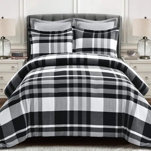 Gray and White Farmhouse Recycled Yarn-Dyed Cotton Plaid 5-Piece Comforter Se... - Picture 1 of 9