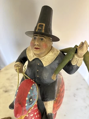 Leo Smith Folk Art Thanksgiving Pilgrim Riding Turkey Figure EUC signed w/ box - Image 1 of 4