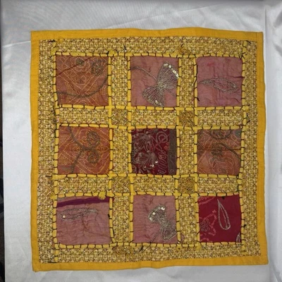 VTG Indian Throw Pillow Cover Beaded Handmade Embroidered Kantha BOHO Yellow - Image 1 of 4