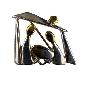 Sterling Silber & Gold 925 Krippe Brosche Anstecknadel religiös Weihnachtsmotiv Metall - Bild 1 von 4