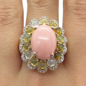 CHUCK CLEMENCY 925 Sterling Silver 2-Tone Coral Opal White Topaz Ring Size 7.25 - Picture 1 of 8