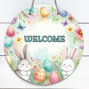 Coniglietti pasquali benvenuto 10" insegna porta rotonda in metallo (teal) - Foto 1 di 1