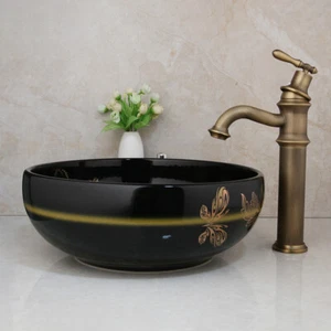 Classical Round Ceramic Bowl Bathroom Sink Basin Vanity Faucet Antique Brass Tap - Picture 1 of 7