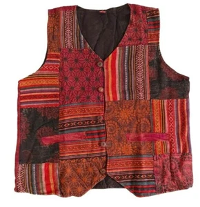 Mens Red Vest Patch Hippie Boho Festival Washed Handmade Ethnic Colourful Fun - Picture 1 of 13