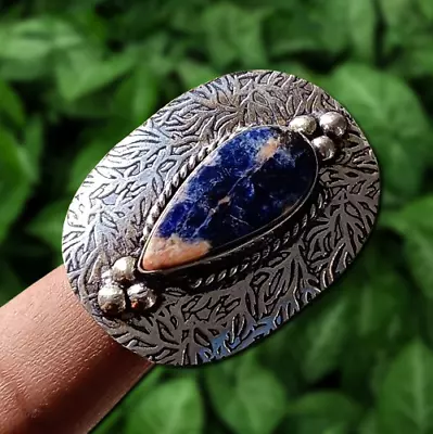 Ethnic Natural Sodalite Gemstone Pear Cut Ring 925 Silver Plated Jewelry US SZ 8 - Image 1 of 4