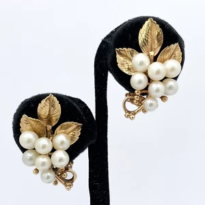 Ming's Honolulu 14K Yellow Gold Pearl Cluster Leaf Clip On Earrings - Picture 1 of 5