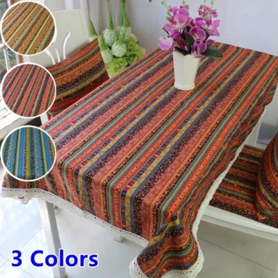 Lace Edge Vintage Ethnic Cotton Linen Tablecloth Washable Cover Home Decor - Image 1 of 4