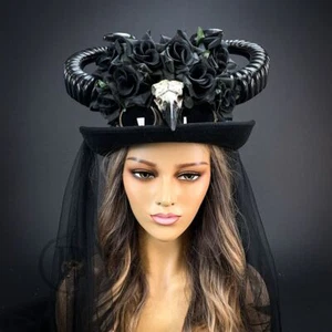 Cappello Costume Ram Horns Steampunk Headpiece Nero Rosa Top Cappello Peste Doctor Bird - Foto 1 di 4