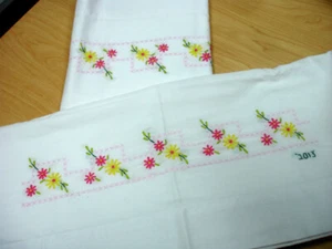 Set of 2 Hand Cross Stitched Yellow and Pink Flowers White Pillow Cases - Picture 1 of 2