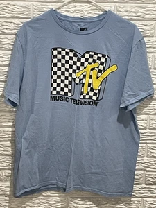 MTV Music Television Checkered M on Light Blue T-Shirt Size XL Cotton Crewneck - Picture 1 of 8