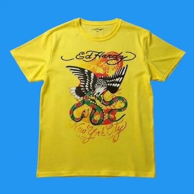 Ed Hardy Logo Mens Sz XXL Eagle Vs Snake Tattoo Graphic Yellow Crewneck T Shirt - Image 1 of 4