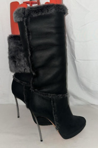 US 8 ❤️CASADEI BLACK Leather Gray Fur Heel Mid Calf Knee High Heel Boots ITALY