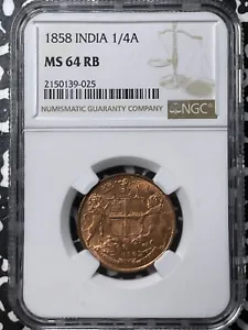 1858 India 1/4 Anna NGC MS64RB Lot#G6813 Choice UNC! - Picture 1 of 3