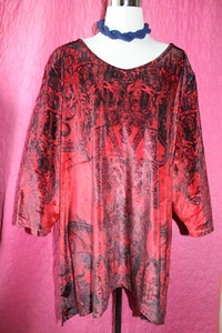 CATHERINES Red Black Paisley Velvet Tunic Top 3X Long Sleeve Stretch Shirt Party - Picture 1 of 5