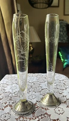 2 jarrones vintage de vidrio y plata con peso Duchin Creator flores de rosa grabadas Foto 1 de 4