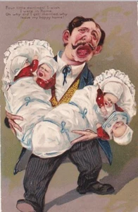 QUADRUPLETS; Dad Holds 4 Screaming Babies; Embossed Artist Postcard; c.1910s, NM - Picture 1 of 2