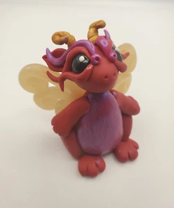 Whimsical DRAGON Miniature Sculpture RED/MAGENTA Polymer Clay HANDMADE OOAK - Picture 1 of 5