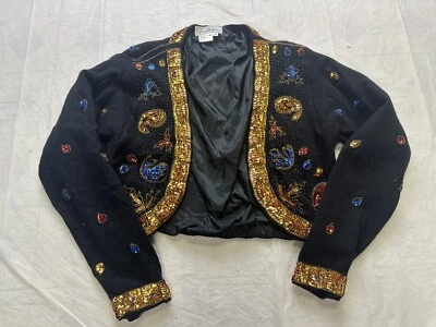 Cárdigan de lana de cordero vintage SAKS 5TH AVENUE negro con cuentas lentejuelas talla mediana Foto 1 de 4