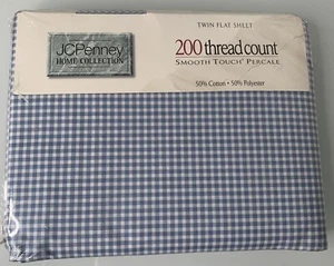 Vintage J.C. Penney Home Collection Twin Flat Sheet Smoke Blue Gingham - Picture 1 of 8