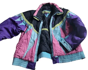 Vintage 90s Nylon Geometric Bomber Winter Coat New York Girl Size L - Picture 1 of 8