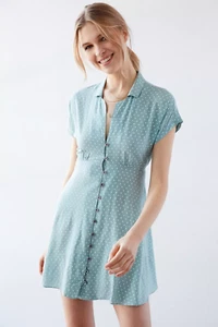 Kimchi Blue Lucy Dress Green White Polka Dot Button Front Rayon Vintage Size L - Picture 1 of 6