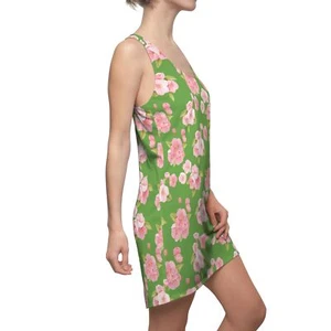 Light Green and Pink Floral Flowers Women's Cut & Sew Racerback Dress - Picture 1 of 43