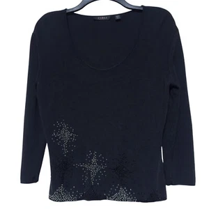 VTG Cyprus Black Blouse Rhinestone Beaded Stretch Slinky Top 3/4 Sleeve Large - Picture 1 of 13