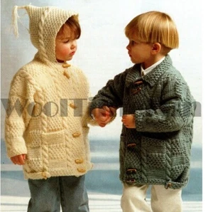 Knitting Pattern Childrens Kids Cable Stitch Duffle Coat Hood Pockets Aran Yarn - Picture 1 of 1