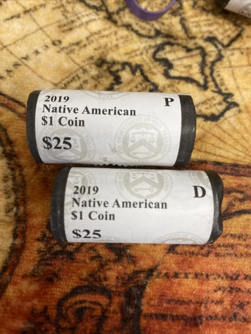 Lot of 2 2019-P, D Native American Dollar Rolls - 50 Coins OGP Cover