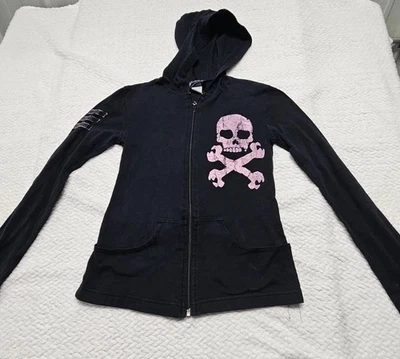 Y2K Made In USA Blest Womens Black W/ Pink Skull Hoodie Emo 2003-09 Size Sm - Image 1 of 4