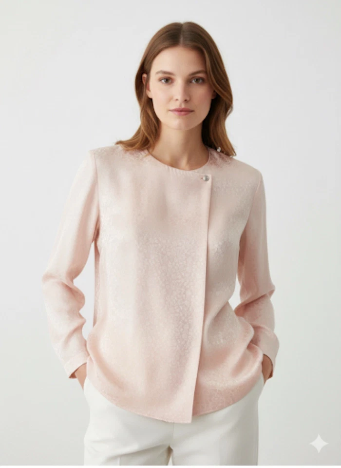 Blusa De Colección Nordstrom 100% Seda Talla 8 Plisada Frontal Rosa Floral Jacquard Manga Larga Foto 1 de 4