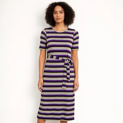 New Modcloth Multicolor Striped Shimmer Belted Midi Dress Large Holiday Casual - Image 1 of 4