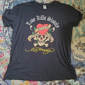 Ed Hardy T-Shirt Herren XL Skull Heart Love Kills Slowly Graphic Tee Schwarz Baumwolle - Bild 1 von 7