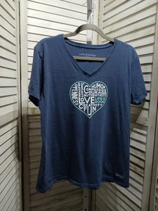 Life Is Good Womens Shirt Size L Blue Heart Graphic Short Sleeve V Neck Crusher - Picture 1 of 12
