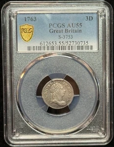 1763 Great Britain 3 Pence PCGS AU55- SP#3735-735 - Picture 1 of 2