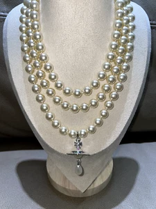Vivienne Westwood Triple Layer Pearl water drop Silver Necklace Choker in box - Picture 1 of 7