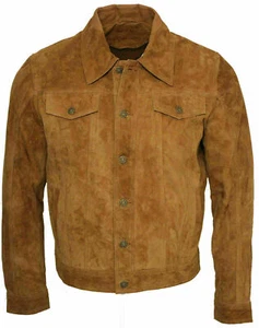 Men Brown American Western Jean Style Suede Leather Jacket  - Buttons - Picture 1 of 5