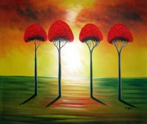 Pintura al óleo paisaje moderno 20x24 cuatro árboles rojos gloriosos al atardecer - Imagen 1 de 1