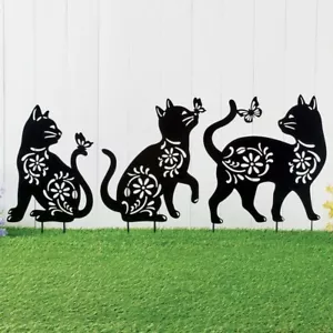 Set of 3 Floral Cutout Cats w/ Butterflies Metal Shadow Silhouette Garden Stakes - Picture 1 of 1