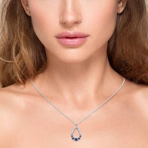 .26ct G SI 14K White Gold Diamond & Blue Sapphire Pendant Necklace 18" Long - Picture 1 of 2