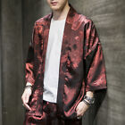 Mens Kimono Yukata Outwear Coat Tops Faux Silk Satin Dragon Vintage Loose Casual
