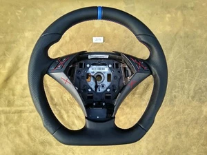 03-06 BMW E60 E61 NEW NAPPA LEATHER ERGONOMIC INLAYS FLAT BOTTOM SW blue stripe - Picture 1 of 12