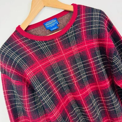 Pendleton Merino Wool Red Plaid Sweater Mens Medium pullover Christmas Holiday - Image 1 of 4