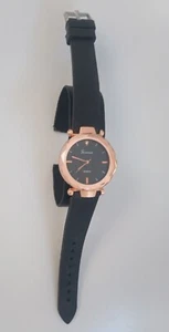 Ladies Watch Black Face Watch Rose Gold Coloured Case Black Silicone Strap Watch - Picture 1 of 7
