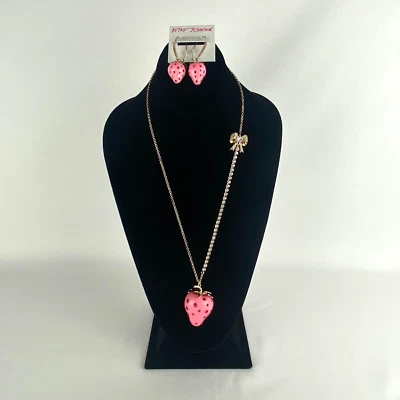 Betsey Johnson Necklace & Earrings Set Pink Strawberry Gold Enamel Ruby Crystals - Image 1 of 4